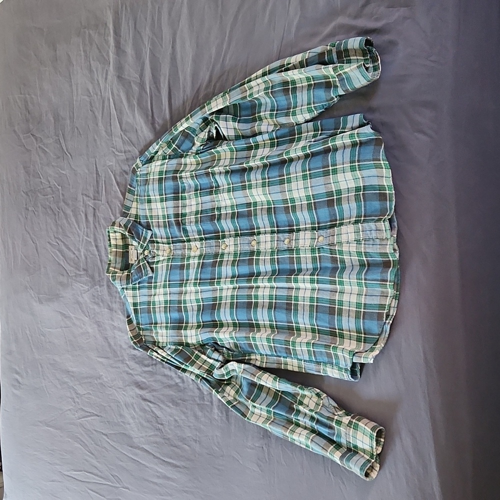 Men's J Crew Blue/Green/Gray Plaid Linen-Cotton Blend Button Down, Size M